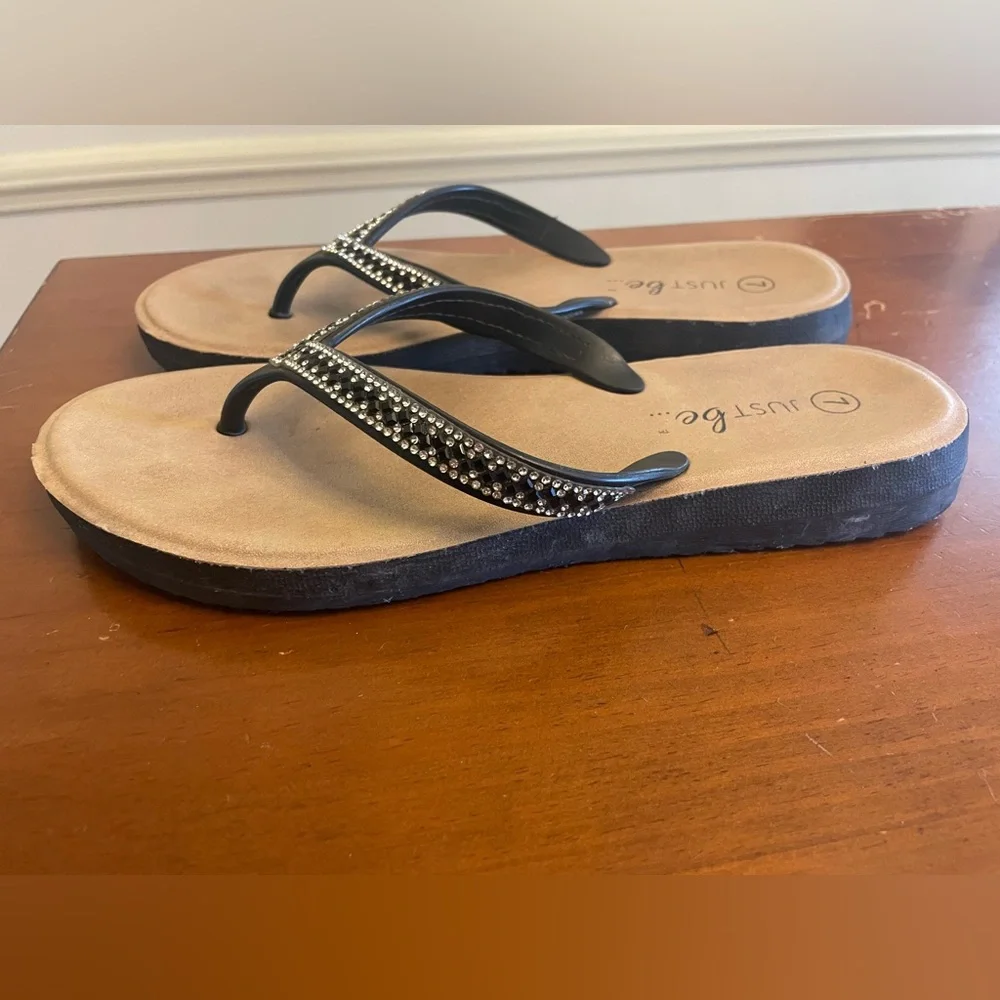 Just be Black Rhinestone T-Strap Sandals